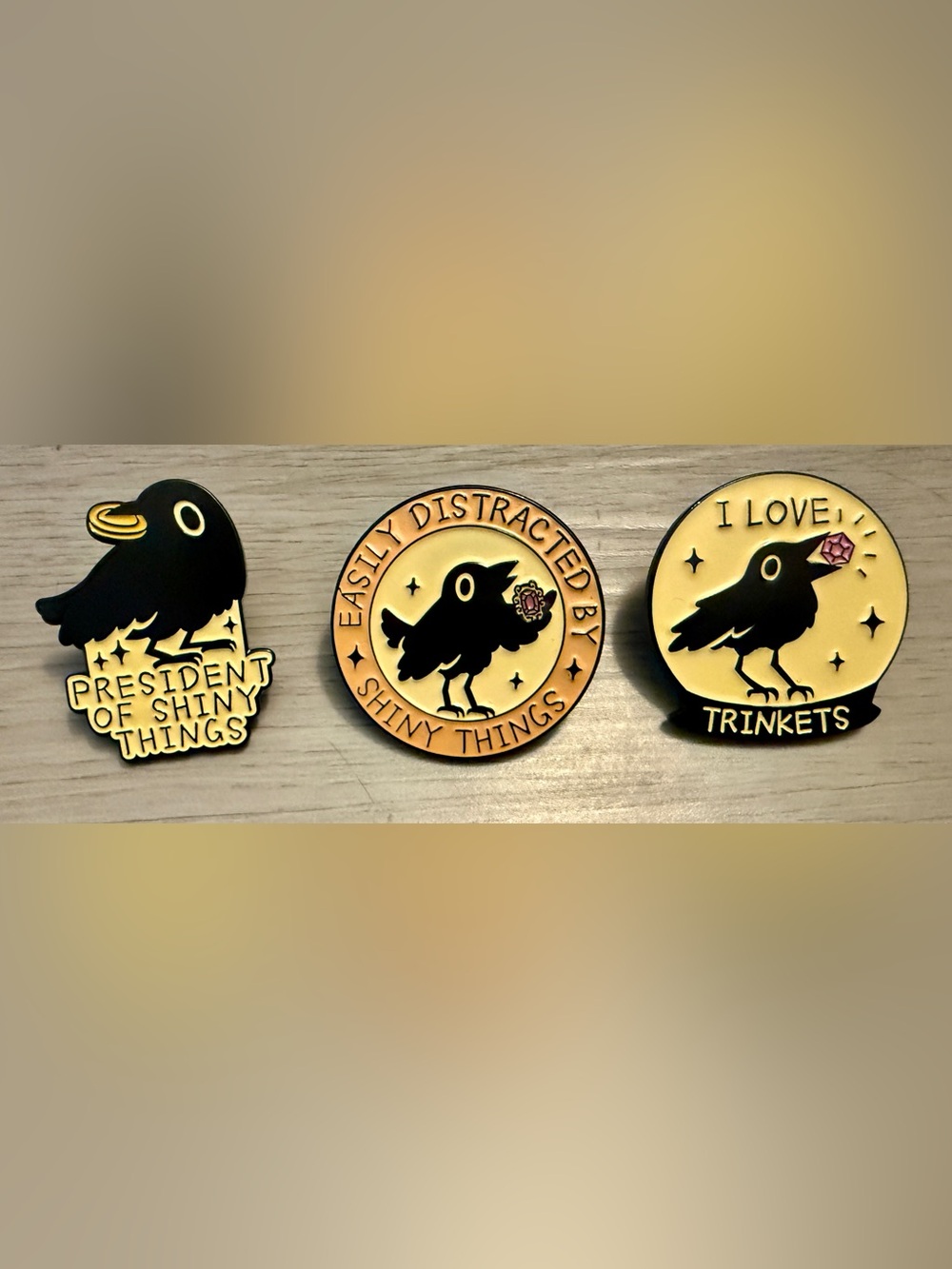 New 3 Piece Enamel Pins Set-Black Crows Ravens Shiny Things Trinkets Badges